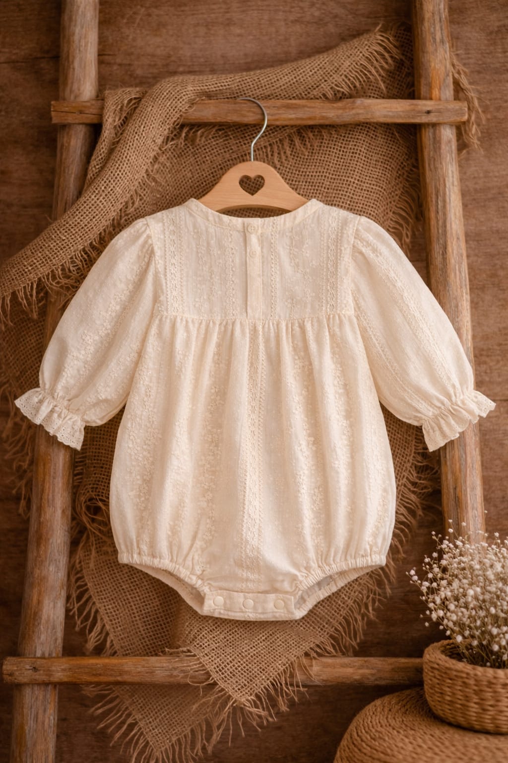 Baby Girl Lace Cotton Romper with Frill Detail &amp; Bow | Elegant Summer Outfit (Worsted Cotton)