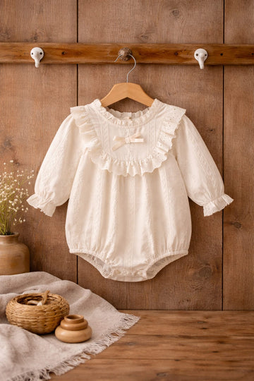 Baby Girl Lace Cotton Romper with Frill Detail &amp; Bow | Elegant Summer Outfit (Worsted Cotton)