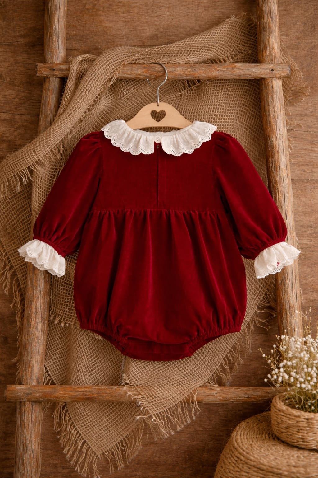Baby Girl Red Velvet Style Romper with Lace Collar | Soft Festive Outfit