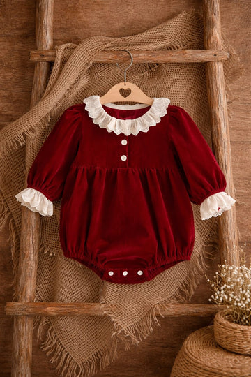 Baby Girl Red Velvet Style Romper with Lace Collar | Soft Festive Outfit