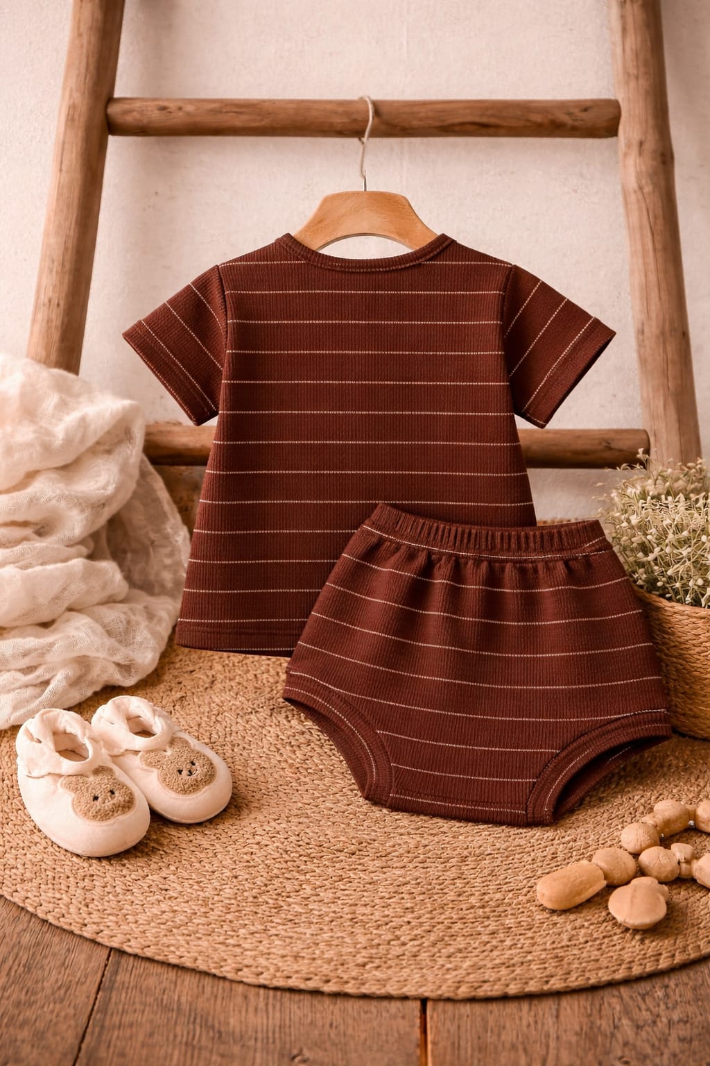 Baby Boy Brown Striped Co-ord Set | Cotton Summer Outfit with Shorts (Worsted Material)