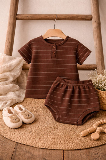 Baby Boy Brown Striped Co-ord Set | Cotton Summer Outfit with Shorts (Worsted Material)