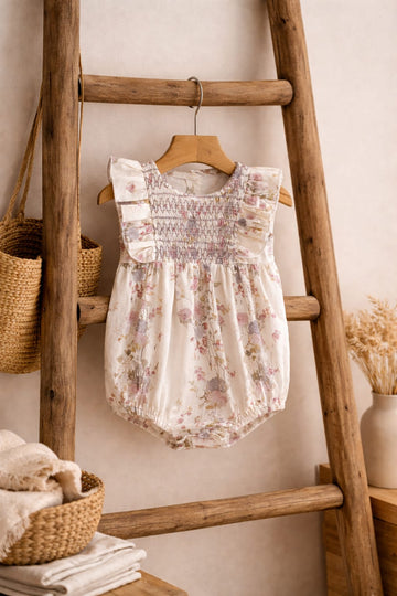 Baby Girl Floral Smocked Cotton Romper | Sleeveless Frill Summer Outfit (100% Cotton)