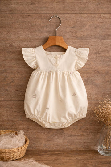Baby Girl Embroidered Cotton Spandex Romper | Frill Sleeve Summer Outfit