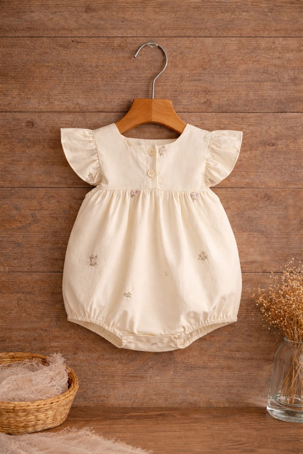 Baby Girl Embroidered Cotton Spandex Romper | Frill Sleeve Summer Outfit