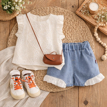 Baby Girl Lace Top & Denim Shorts Set | Premium Summer Cotton Outfit