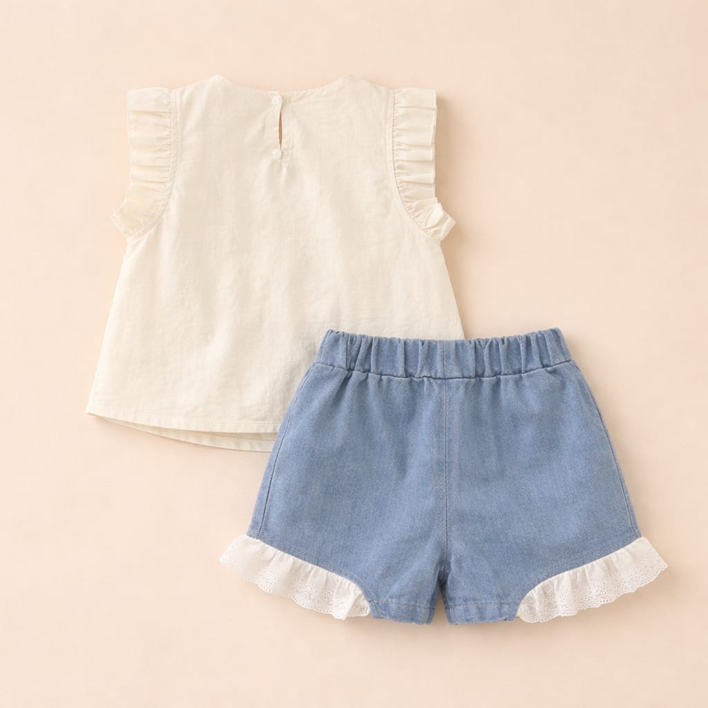 Baby Girl Lace Top & Denim Shorts Set | Premium Summer Cotton Outfit