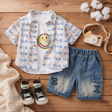 Baby Boy 3-Piece Summer Outfit Set | Printed Shirt, T-Shirt & Denim Shorts