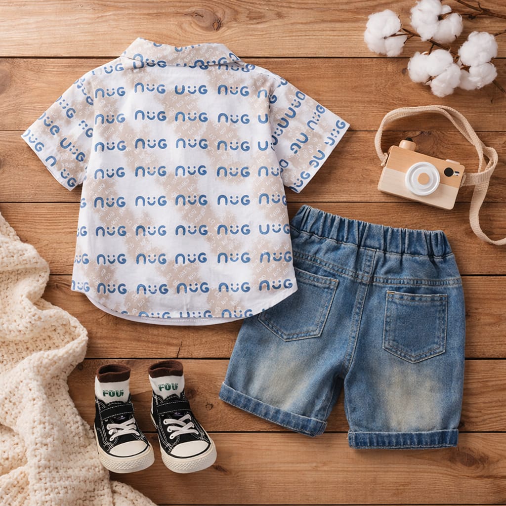 Baby Boy 3-Piece Summer Outfit Set | Printed Shirt, T-Shirt & Denim Shorts