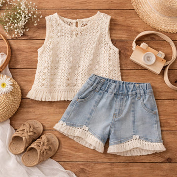 Baby Girl Lace Top & Denim Shorts Set | Stylish Summer Outfit for Kids