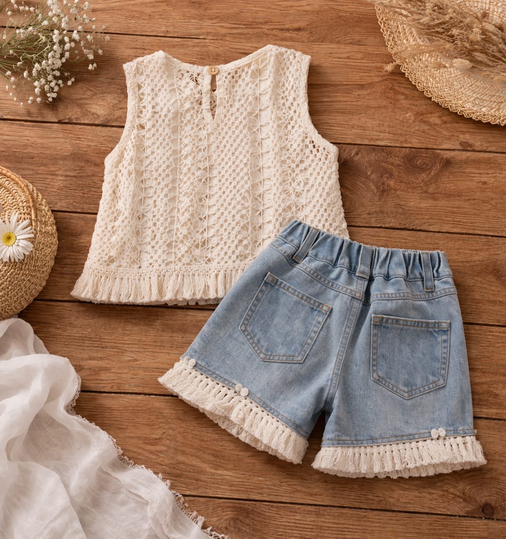 Baby Girl Lace Top & Denim Shorts Set | Stylish Summer Outfit for Kids