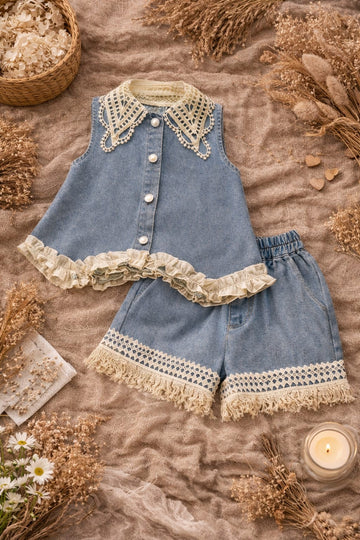 Baby Girl Denim &amp; Cotton Co-Ord Set with Lace Collar Top & Fringed Shorts | Stylish Summer Outfit
