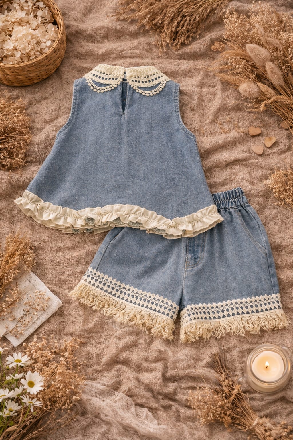 Baby Girl Denim &amp; Cotton Co-Ord Set with Lace Collar Top & Fringed Shorts | Stylish Summer Outfit