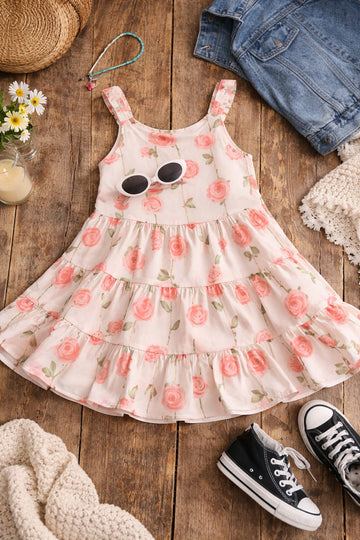 Baby Girl Floral Summer Dress with Tiered Frill Layers & Shoulder Straps | Lightweight Party Wear Outfit