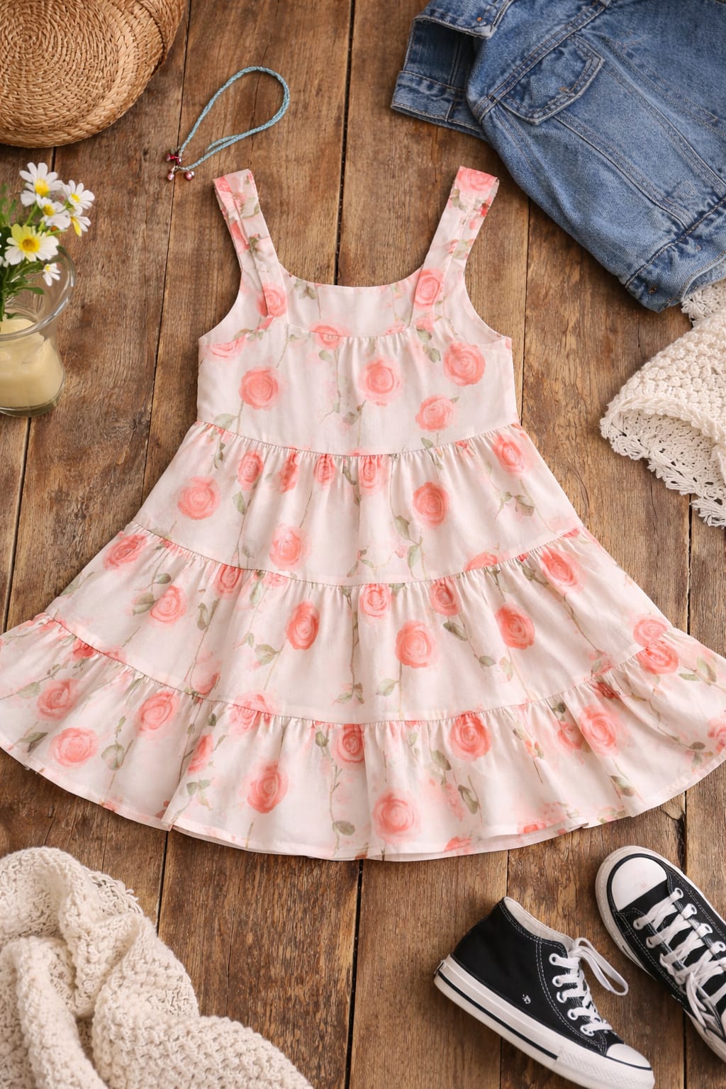 Baby Girl Floral Summer Dress with Tiered Frill Layers & Shoulder Straps | Lightweight Party Wear Outfit
