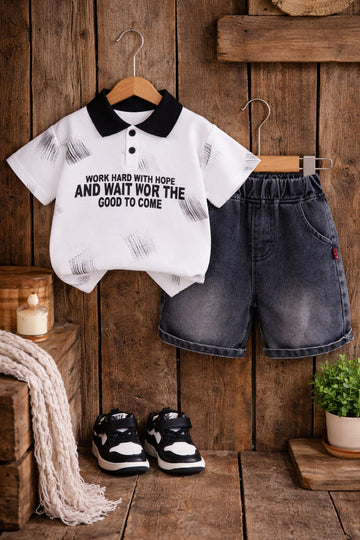 Boys Summer Cotton Co-Ord Set with Printed Polo T-Shirt & Denim Shorts | Casual Trendy Outfit