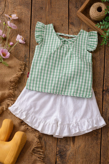 Baby Girl Green Checkered Summer Co-Ord Set with Ruffle Sleeves & White Shorts | Cute Casual Outfit