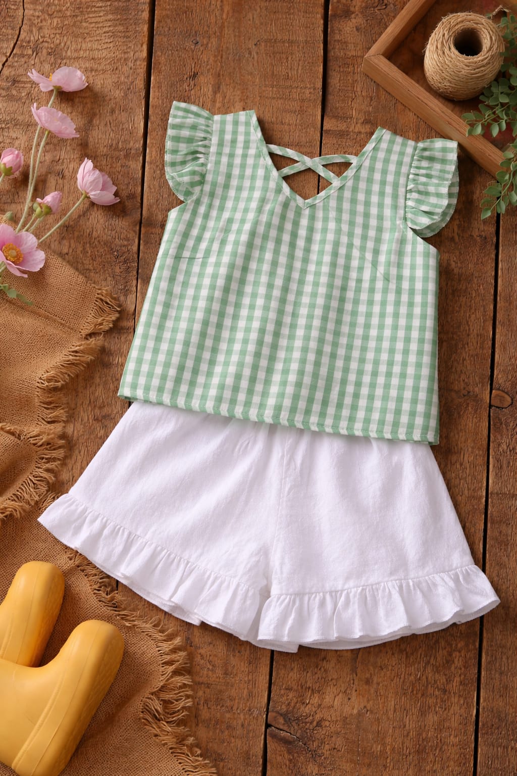 Baby Girl Green Checkered Summer Co-Ord Set with Ruffle Sleeves & White Shorts | Cute Casual Outfit