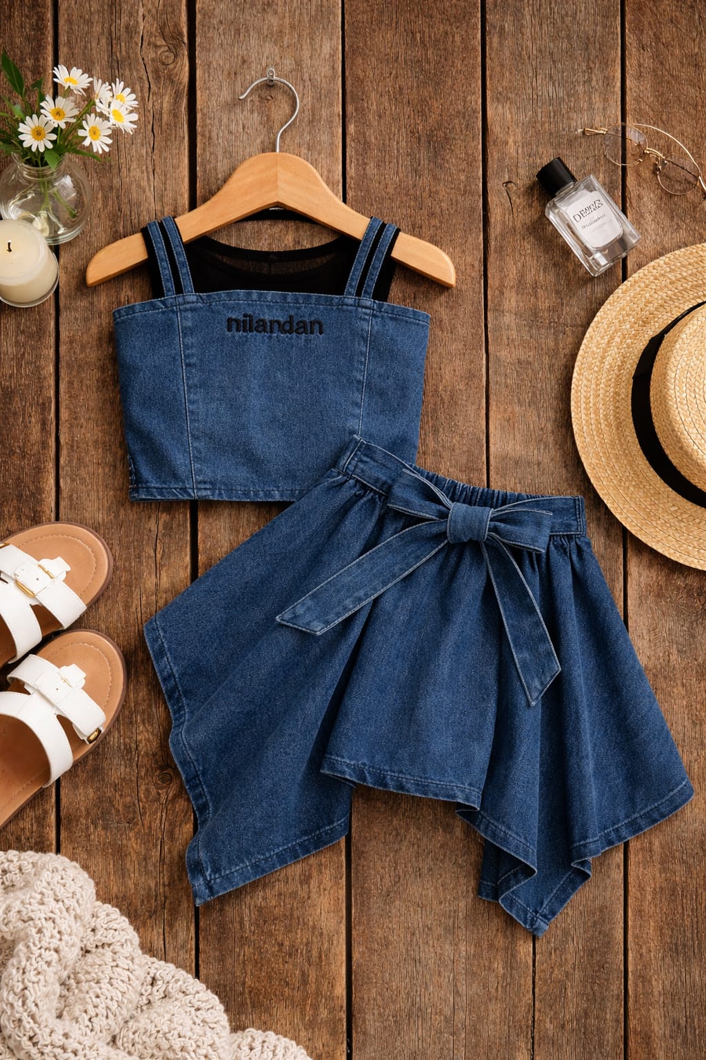 Girls Denim Co-Ord Summer Set with Crop Top & Tie-Up Skirt Shorts | Stylish Casual Outfit