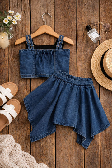 Girls Denim Co-Ord Summer Set with Crop Top & Tie-Up Skirt Shorts | Stylish Casual Outfit
