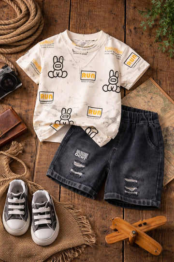 Boys Printed Cotton Summer Co-Ord Set with Graphic T-Shirt & Denim Shorts | Trendy Casual Outfit