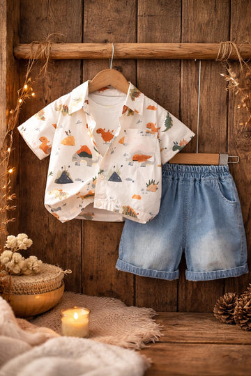 Boys Dinosaur Print Summer Co-Ord Set with Cotton Shirt &  Denim Shorts | Cute Casual Outfit