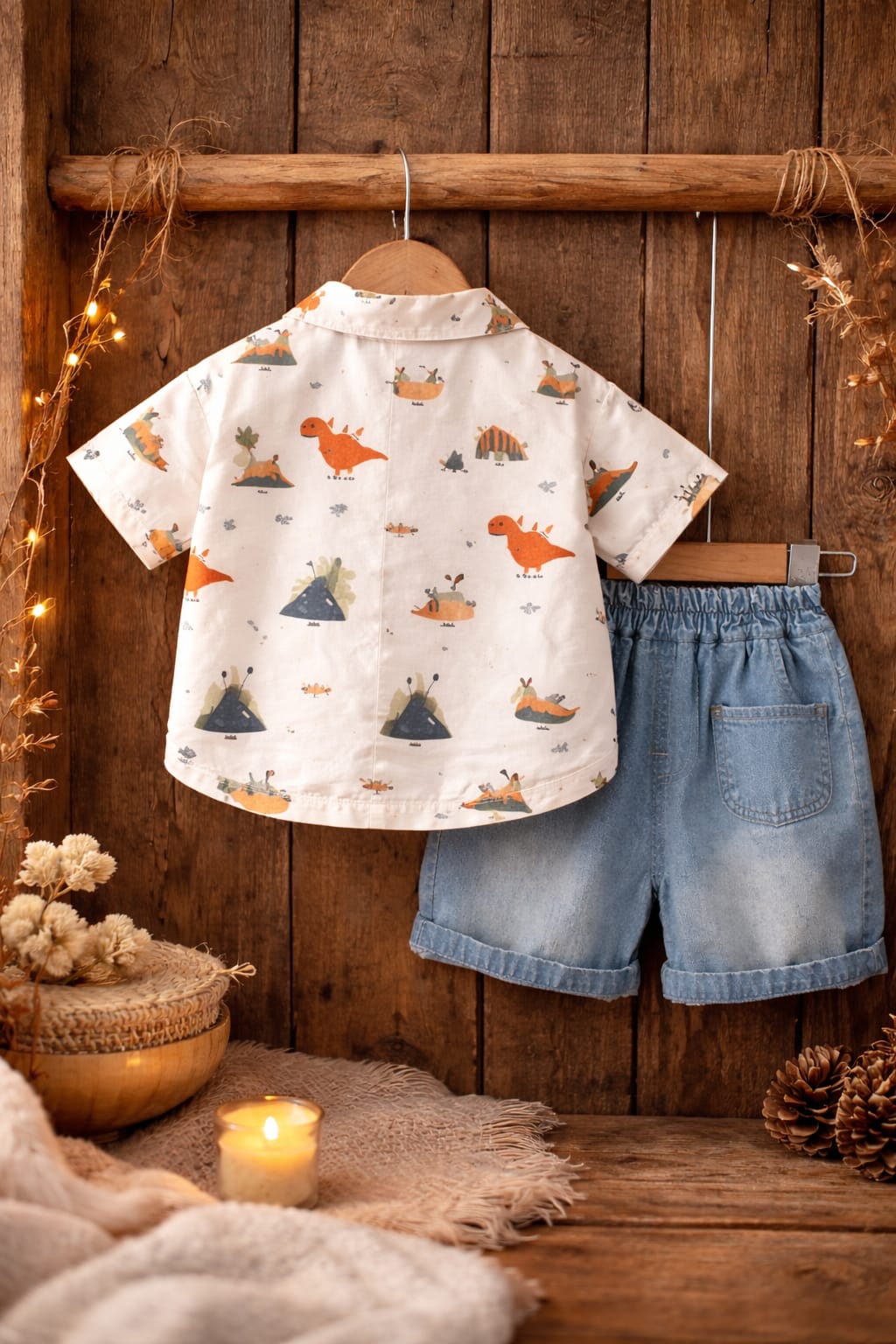 Boys Dinosaur Print Summer Co-Ord Set with Cotton Shirt &  Denim Shorts | Cute Casual Outfit