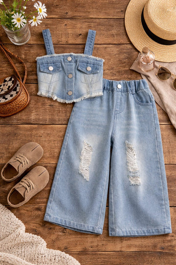 Girls Denim Summer Co-Ord Set with Crop Top &amp; Wide Leg Pants | 100% Cotton Stylish Outfit
