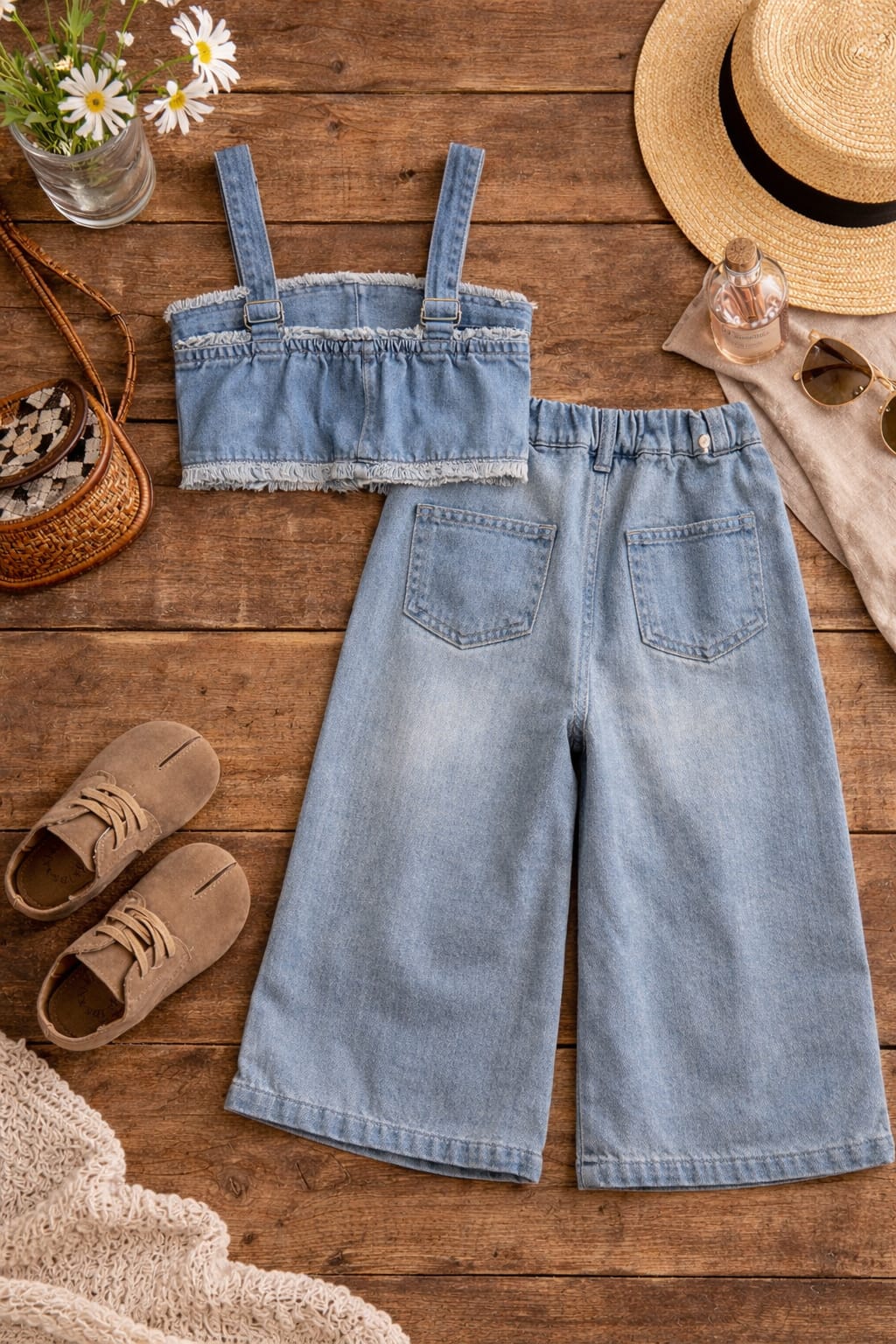 Girls Denim Summer Co-Ord Set with Crop Top &amp; Wide Leg Pants | 100% Cotton Stylish Outfit
