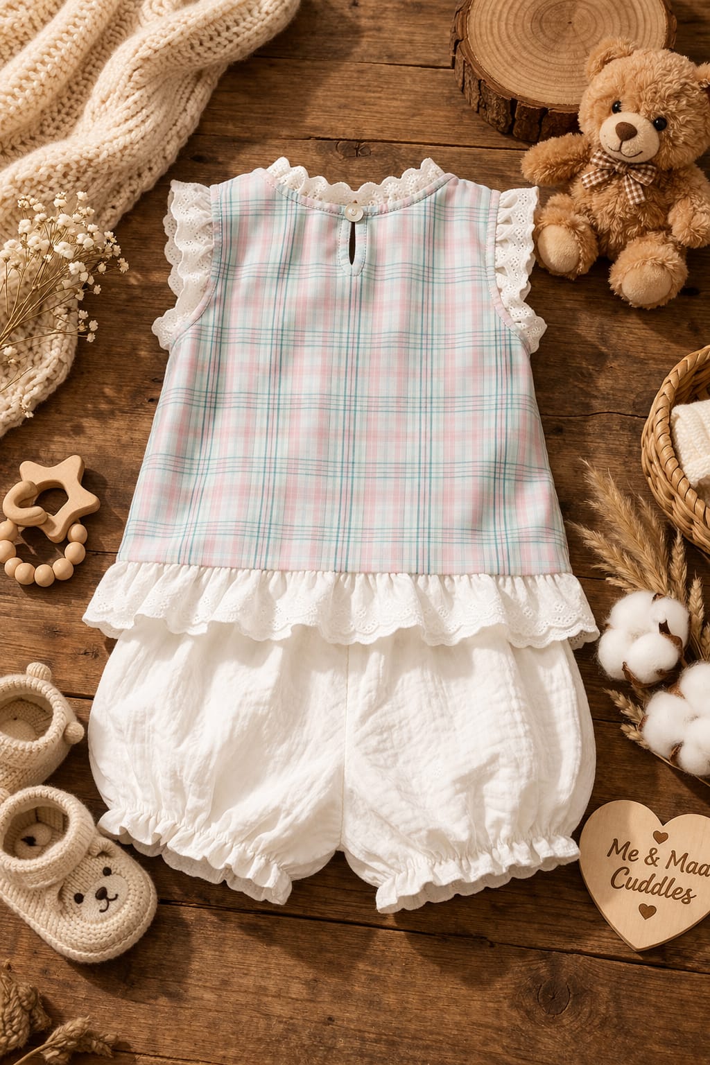 Girls Cute Plaid Summer Dress with Lace Frills & Bunny Patch | Cotton Polyester Blend Soft Outfit