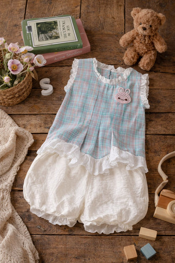 Girls Cute Plaid Summer Dress with Lace Frills & Bunny Patch | Cotton Polyester Blend Soft Outfit