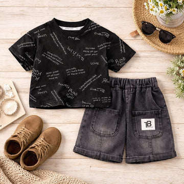 Boys Black Printed T-Shirt & Denim Shorts Summer Set | Cotton Polyester Casual Outfit