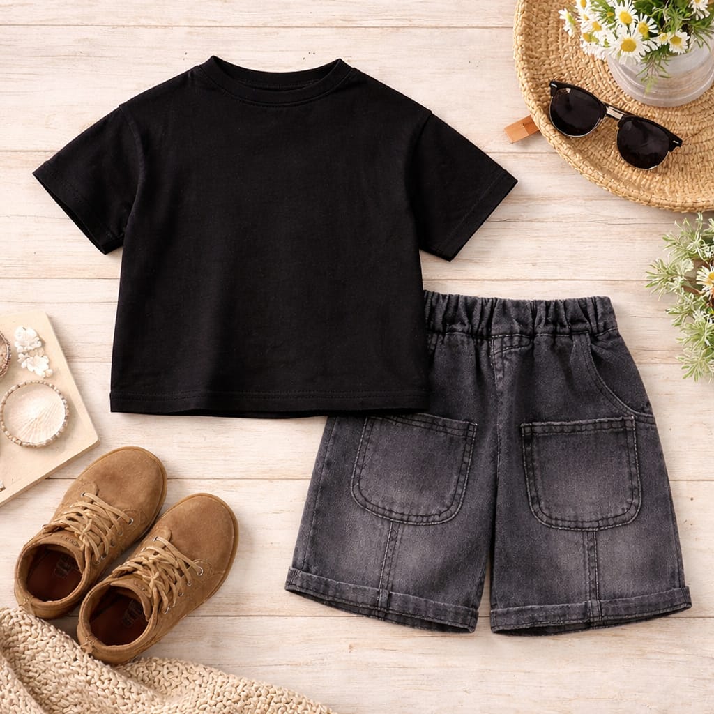 Boys Black Printed T-Shirt & Denim Shorts Summer Set | Cotton Polyester Casual Outfit