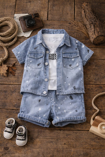 Boys Denim Co-Ord Summer Set with T-Shirt | Cotton Blend Shirt & Shorts Outfit