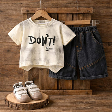 Boys Printed T-Shirt &  Denim Shorts Summer Set | Cotton Blend Casual Kids Outfit