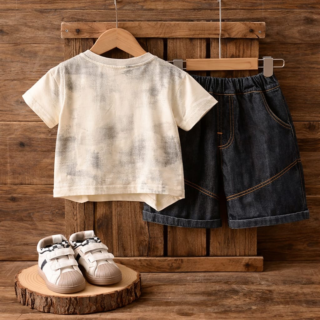 Boys Printed T-Shirt &  Denim Shorts Summer Set | Cotton Blend Casual Kids Outfit