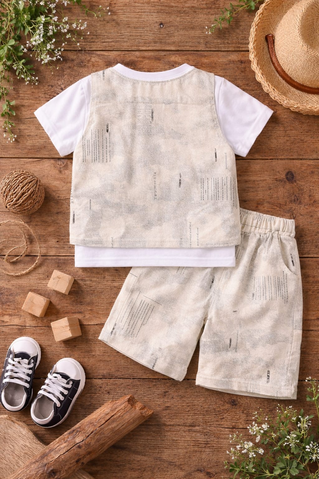 Boys 3-Piece Summer Outfit Set with T-Shirt, Printed Vest & Shorts | Cotton Blend Kids Clothing