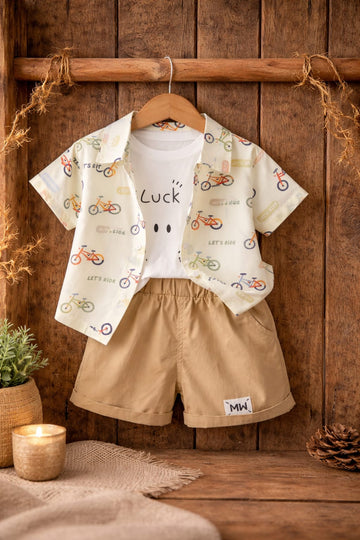 Boys 3-Piece Summer Outfit Set with Printed Shirt, T-Shirt & Shorts | Casual Kids Wear