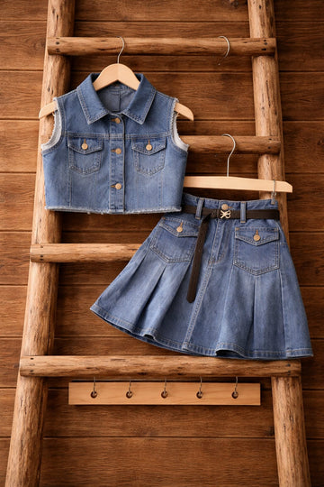 Girls Denim Co-Ord Set with Sleeveless Top & Skirt | Stylish Summer Outfit for Kids