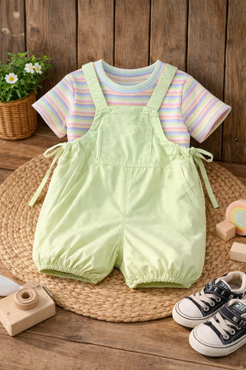 Baby Girls Pastel Dungaree Romper Set with Striped T-Shirt | Cute Summer Outfit