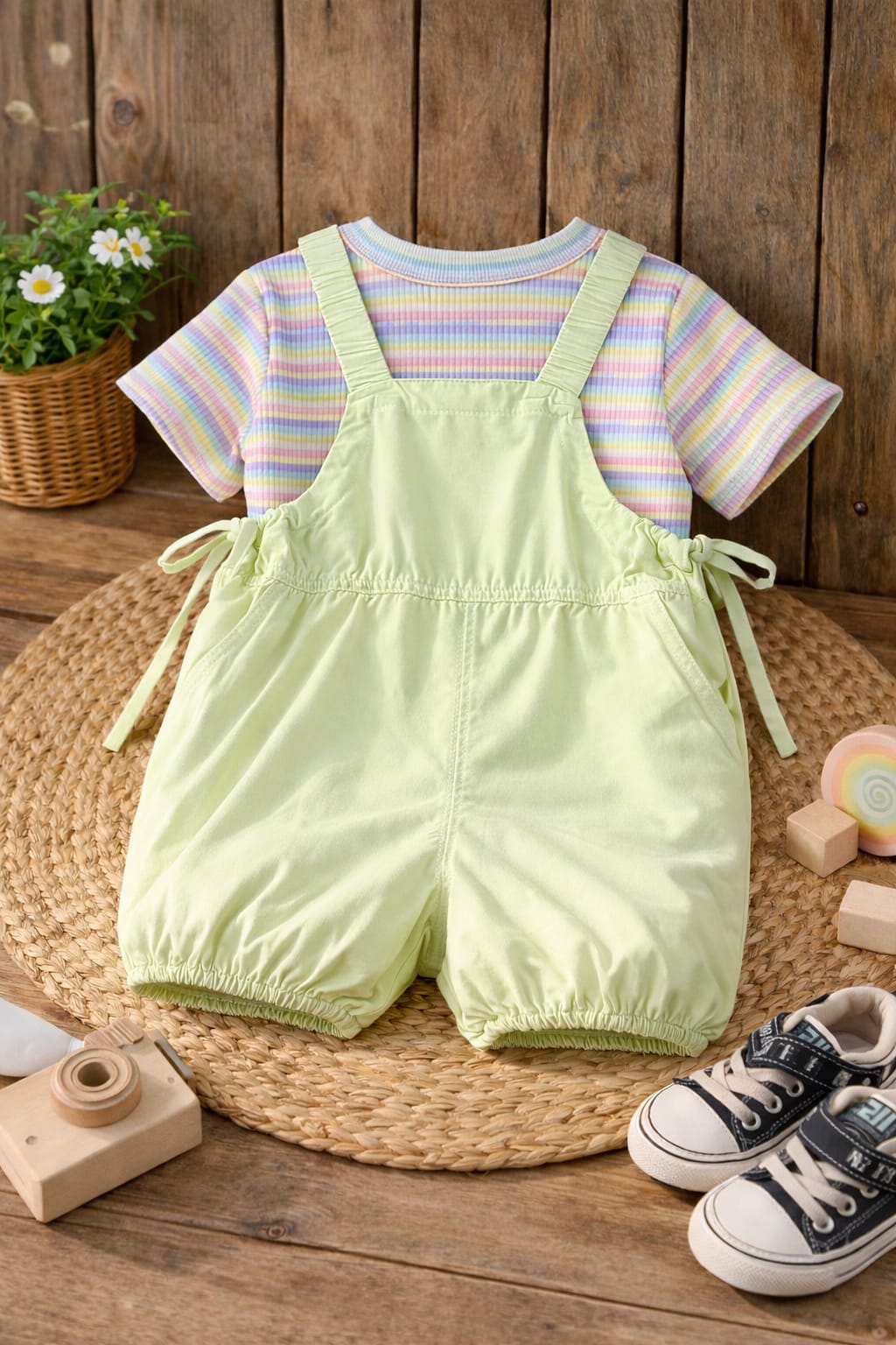 Baby Girls Pastel Dungaree Romper Set with Striped T-Shirt | Cute Summer Outfit