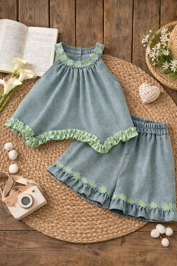 Girls Denim Co-Ord Set with Embroidered Top & Shorts | Cute Summer Outfit