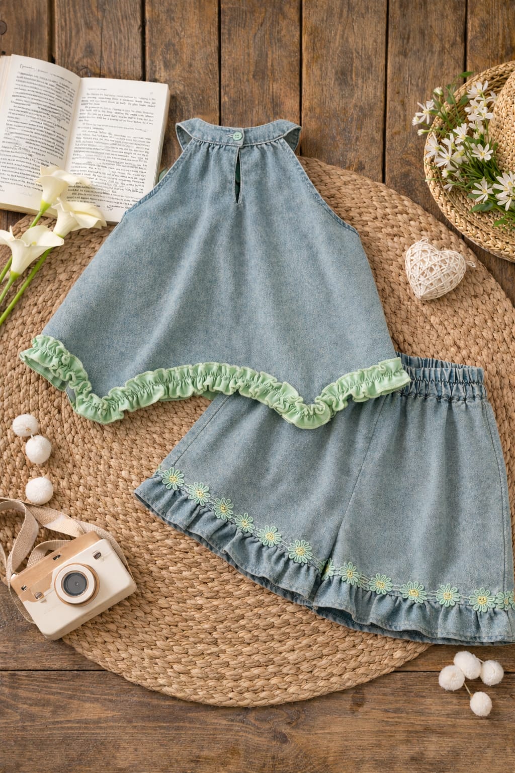 Girls Denim Co-Ord Set with Embroidered Top & Shorts | Cute Summer Outfit