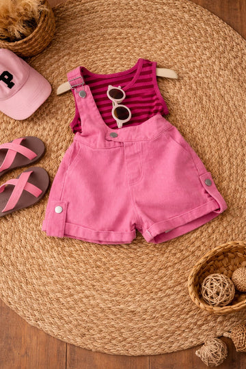 Baby Girls Pink Dungaree Shorts Set with Striped Top | Cute Summer Outfit