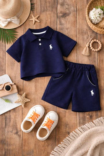 Boys Navy Blue Polo T-Shirt & Shorts Set | Comfortable Summer Co-Ord Outfit