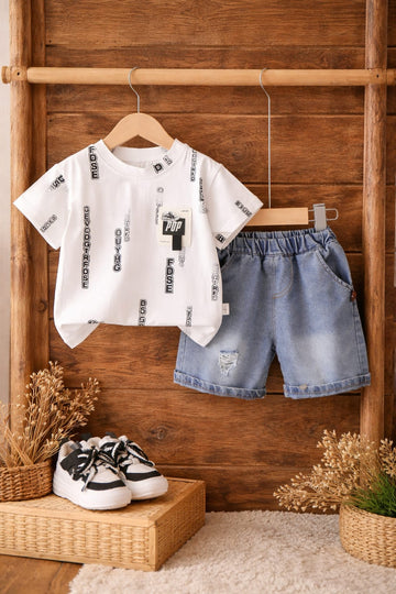 Boys Printed T-Shirt &amp; Denim Shorts Set | Casual Summer Outfit for Kids