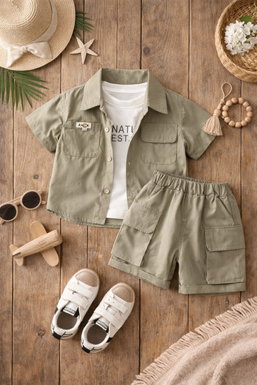 Boys Casual Shirt, T-Shirt & Cargo Shorts Set | Stylish Summer Co-Ord Outfit for Kids