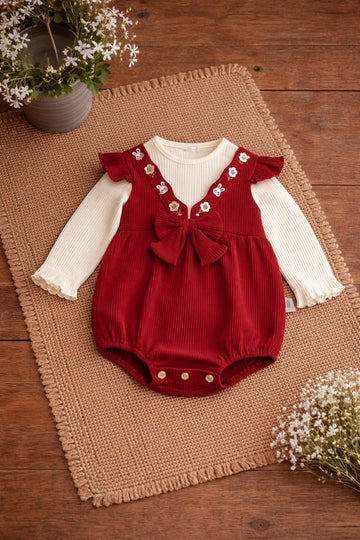 Baby Girl Cotton Romper Dress with Bow Detail &amp; Full Sleeve Inner | Soft Stylish Outfit for Infants &amp; Toddlers