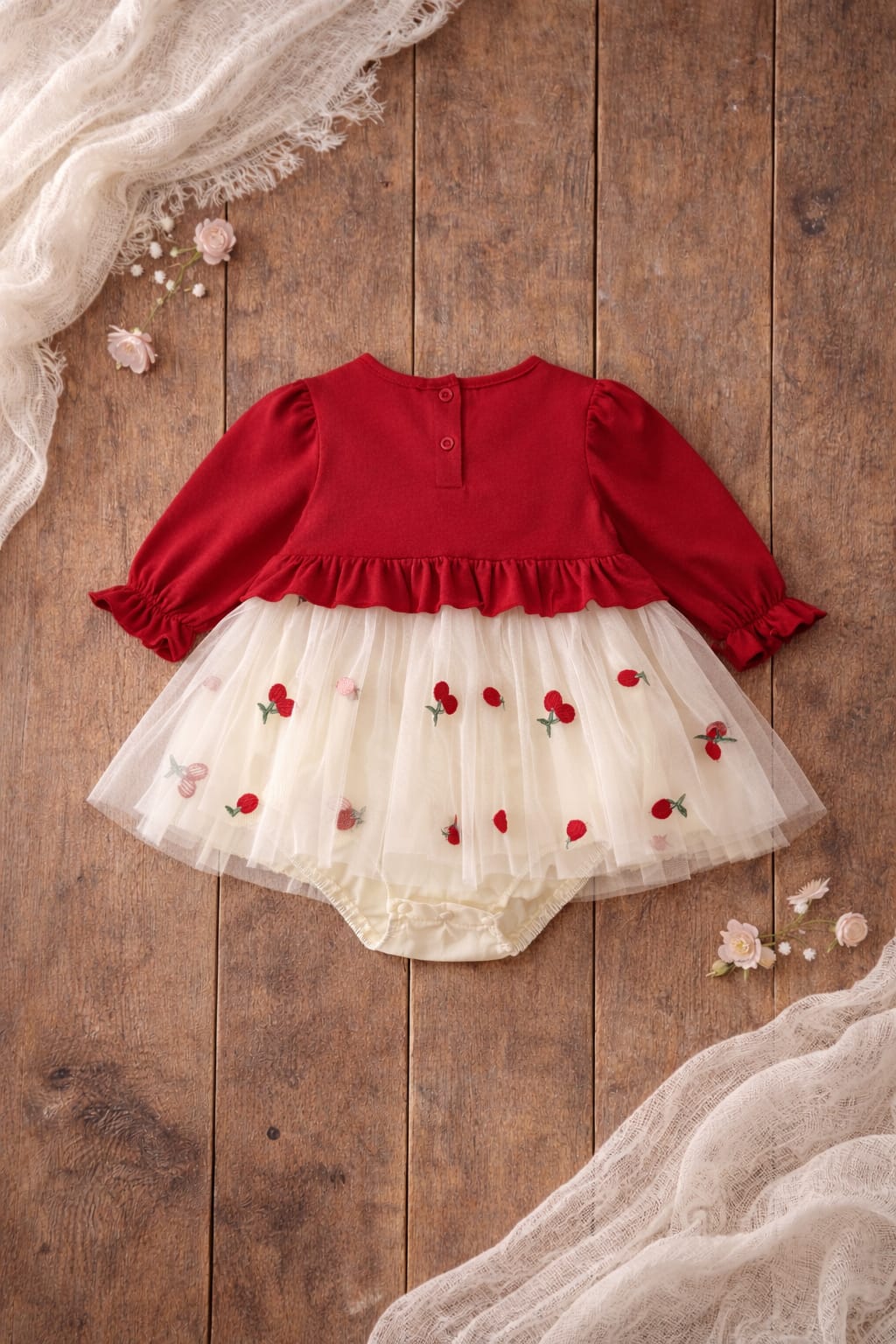 Baby Girl Cotton Party Romper Dress with Tulle Skirt & Bow Detail | Elegant Festive Outfit for Infants