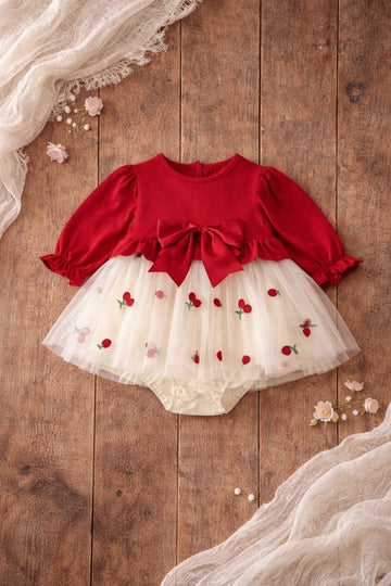 Baby Girl Cotton Party Romper Dress with Tulle Skirt & Bow Detail | Elegant Festive Outfit for Infants